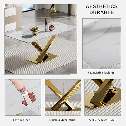 70" Faux Marble Dining Table Set for 6, 7-Piece Dining Set with White Gold Kitchen Table and 6 Velvet Tufted Chairs, Modern Rectangular Dining Room Table with X-Shape Stainless Steel Base