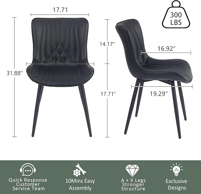 YOUTASTE Black Dining Chairs Set of 2 Upholstered Mid Century Modern Kitchen Dining Room Chairs Armless Faux Leather Accent Chairs Metal Vanity Lounge Chair with Back for Living Room Bedrooms