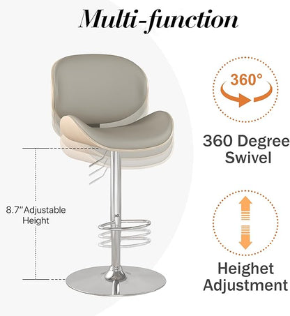 Adjustable Swivel Bar Stools 1 PC, Modern Bentwood Barstool with Large Metal Base and Footrest, PU Leather Upholstered Bar Chair with Curved Back for Kitchen Island Dining Room, Gray