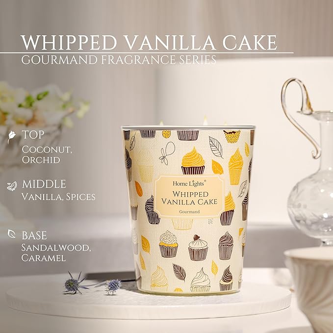 HomeLights Soy Wax Candles for Home Scented, 3-Wick Candles in Whipped Vanilla Cake Scented, Rustic Modern Aromatherapy Candles Gift for Parties, Relaxing, 34oz