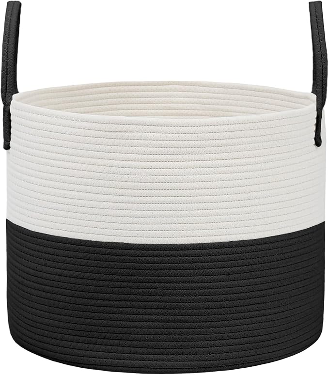 Woven Blanket Basket,65L Large Rope Storage Bin with Handles, Organizer for Blankets Toys Book and Clothes, Laundry Basket for Living Room Bedroom Nursery,White&Black