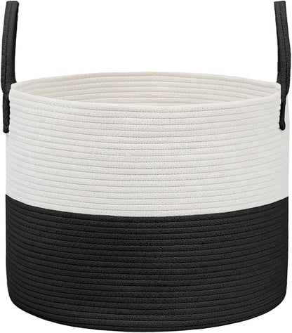 Woven Blanket Basket,65L Large Rope Storage Bin with Handles, Organizer for Blankets Toys Book and Clothes, Laundry Basket for Living Room Bedroom Nursery,White&Black
