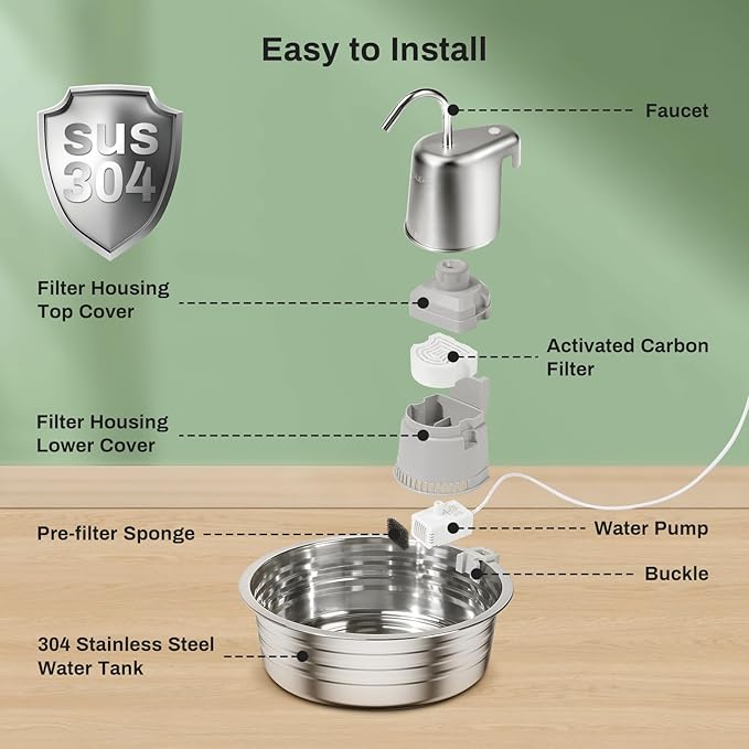 Cat Water Fountain, 4L/135OZ Stainless Steel Pet Fountain with 6 Filters Dog Water Dispenser, Dog Water Bowl Cat Drinking Fountains Watering Supplies with Ultra-Quiet Pump for Pets Indoor