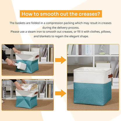DULLEMELO Foldable Storage Cubes 11 x 11 Organizer Bins,Canvas Storage Bins Empty Gift Baskets for Organizing with SturdyLeather Handles, Closet Baskets for Nursery Storage(4 Pack - 11" White&Teal)