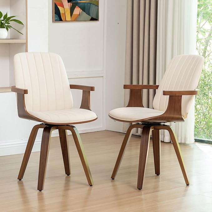 Set of 1 Swivel Dining Chair, Mid Century Modern Dining Chair with Walnut Craftsmanship, Upholstered Faux Leather, Wooden Arms and Legs, Kitchen Chair with Arms for Kitchen/Living Room - Beige