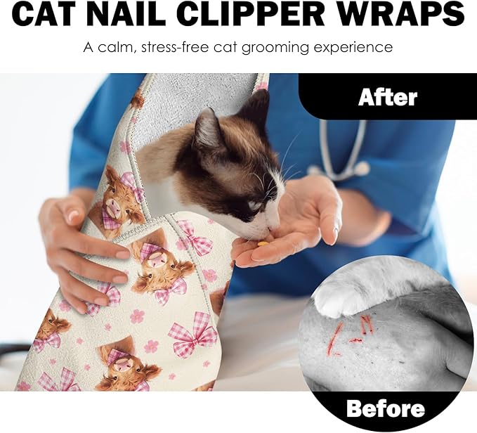 27.6" Cat Grooming Wrap, Self Adhesive Cat Wrap for Cutting Nail, Anti-Escape Calming Cat Swaddle Wrap for Medicine Ear Cleaning, Cow Anti-Scratch Cats Burrito Restraint Blanket, Pet Tool (6-10 lbs)