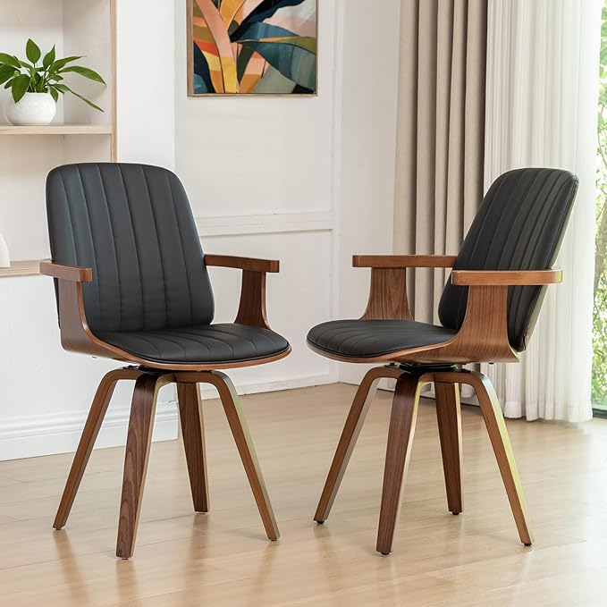 Set of 1 Swivel Dining Chairs, Kitchen Swivel Chairs with Walnut Craftsmanship, Upholstered Faux Leather, Wooden Arms and Legs, Walnut Dining Chairs for Kitchen/Living Room - Black