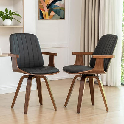 Set of 1 Swivel Dining Chairs, Kitchen Swivel Chairs with Walnut Craftsmanship, Upholstered Faux Leather, Wooden Arms and Legs, Walnut Dining Chairs for Kitchen/Living Room - Black