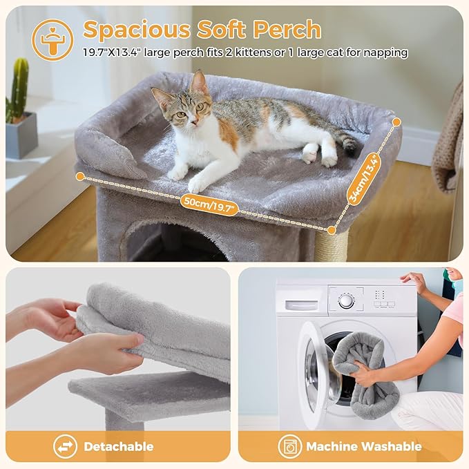 PAWZ Road Cat Tree for Indoor Cats, 26 Inches Cat Tower with Large Perch, Private Condo, Small Cat Condo with Spring Ball & 2 Scratching Posts for Cats-Gray