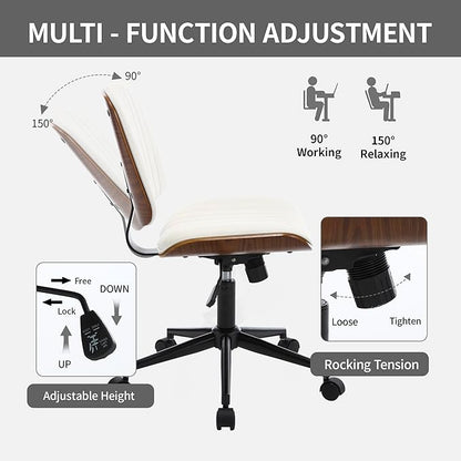 Small Home Office Chair - Armless Mid Back Desk Chair with 360° Swivel and Wheels, PU Upholstered Height Adjustable Modern Walnut Computer Chair for Home, Office Meeting Room - White