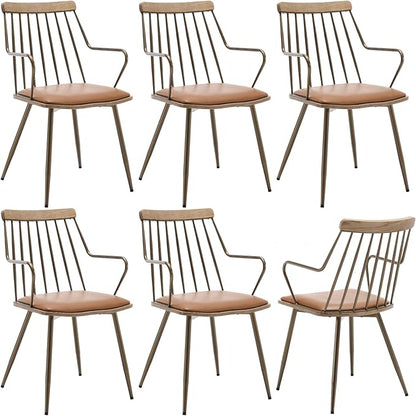 Modern Dining Chairs Set of 6, PU Upholstered Dining Chairs with Metal Legs, Wood Kitchen Chairs with Fence-Like Back and Curved Arm for Dining Room Kitchen Restaurant Reception (Brown)