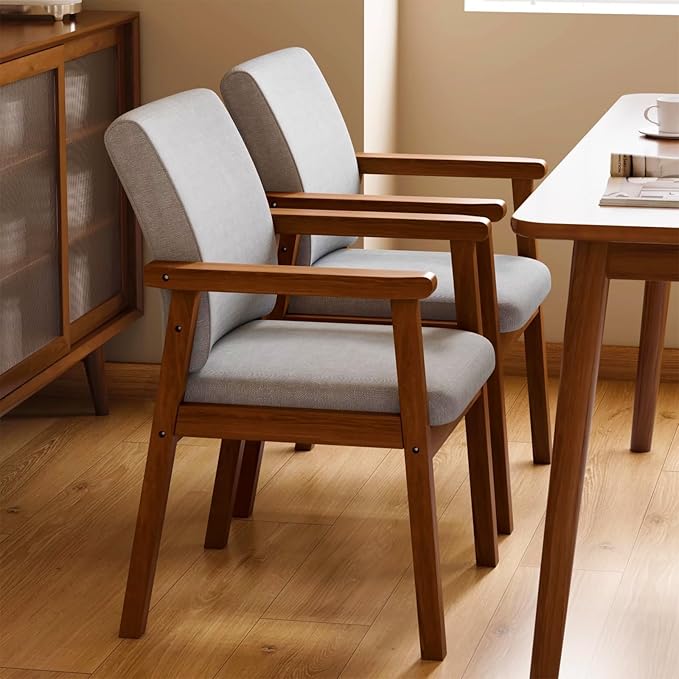 Solid Wood Upholstered Dining Chair, Mid Century Modern Dining Room Chair with Curved Backrest and Armrest for Kitchen, Living Room, Study Room, Walnut and Gray