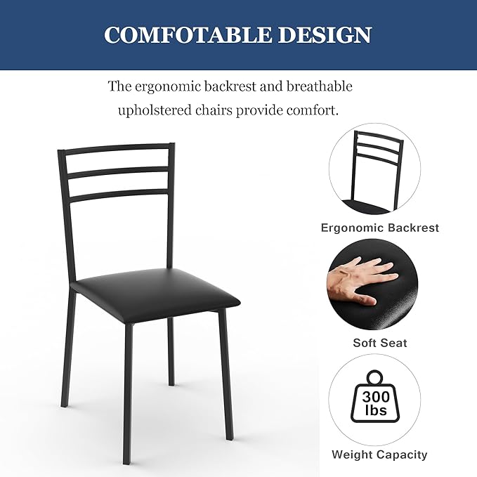 VECELO Small Round Kitchen Table with 2 Upholstered Chairs, 3-Piece Wood Dinette Sets with Steel Frame for Breakfast Nook, Dining Room, and Small Space, Wood-Grain Black