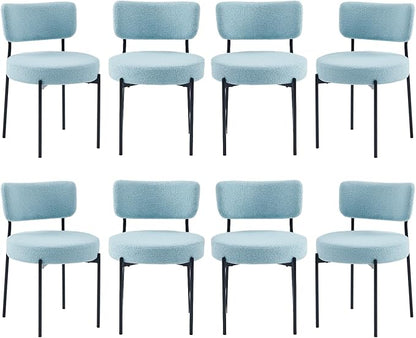 Blue Boucle Dining Chairs Set of 8, Upholstered Dinner Chair with Metal Frame, Dining Room Chairs with Padded Seat, Round Modern Seating for Living Room