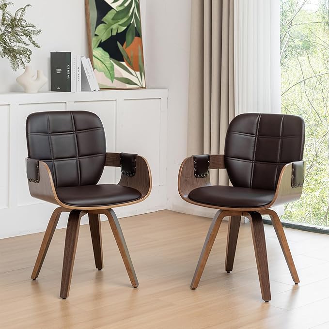Set of 2 Swivel Walnut Dining Chairs - Mid Century Dining Chairs with Arm and Curved Back, Walnut Craftsmanship, Bentwood Structure, Perfect for Living Room/Reception/Restaurant/Kitchen (Coffee Brown)