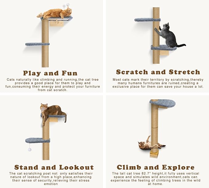 Cat Wall Shelves for Kittens, 83” Floor to Ceiling Cat Tree with Grey Plush Pads, Adjustable Wild Simulation Climbing Tree, Wall-Mounted Cat Tower with Scratching Post for Play, Climb & Scratching