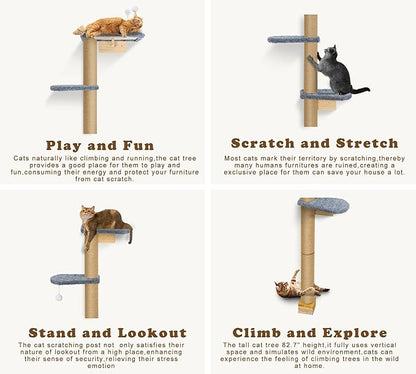 Cat Wall Shelves for Kittens, 83” Floor to Ceiling Cat Tree with Grey Plush Pads, Adjustable Wild Simulation Climbing Tree, Wall-Mounted Cat Tower with Scratching Post for Play, Climb & Scratching