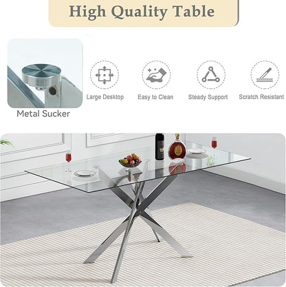 SSLine 51'' Silver Glass Dining Table Set for 4,5 Piece Kitchen Table and Chairs Set with Metal Legs and 4 PU Leather Dining Chairs for Kitchen Room Small Spaces