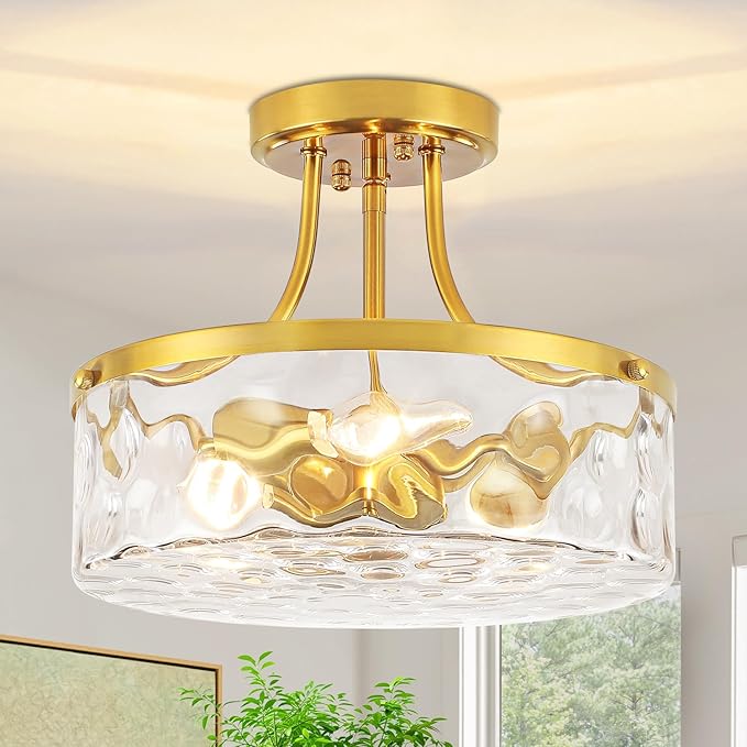 11.81" Modern Gold Semi Flush Mount Ceiling Light, Hammered Glass Hallway Light Fixtures, Entryway Light Fixture, 3-Light Lighting Fixtures for Kitchen Island Dining Room Bedroom Laundry, UL Listed