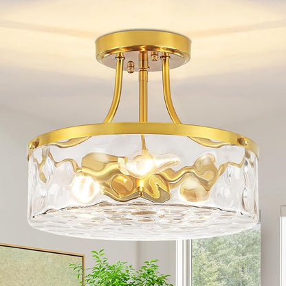 11.81" Modern Gold Semi Flush Mount Ceiling Light, Hammered Glass Hallway Light Fixtures, Entryway Light Fixture, 3-Light Lighting Fixtures for Kitchen Island Dining Room Bedroom Laundry, UL Listed