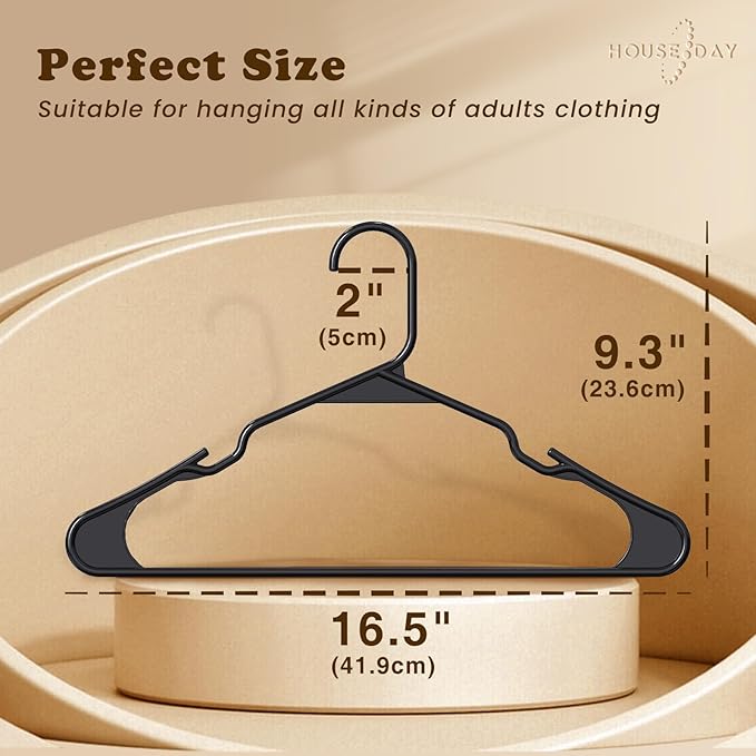 HOUSE DAY Plastic Hangers 100 Pack - Adult Clothes Hangers Black - Space Saving, Non-Slip, Durable & Sturdy Hanger with Shoulder Grooves for Closet, Perfect Slim Coat Hanger - Ganchos para Colgar Ropa