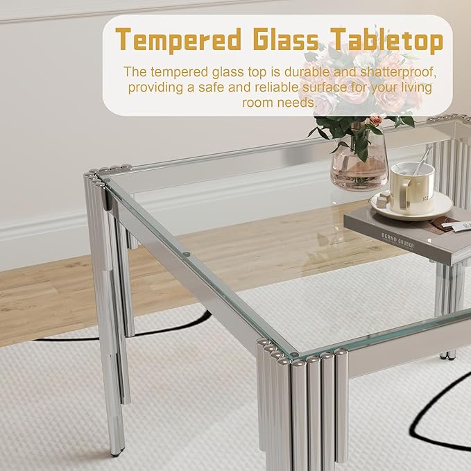 3 Piece Glass Dining Table Set, 35" Square Glass Kitchen Table with 2 White Velvet Upholstered Chairs, Silver Dining Table for 2 with Chairs Set for Kitchen, Living Room