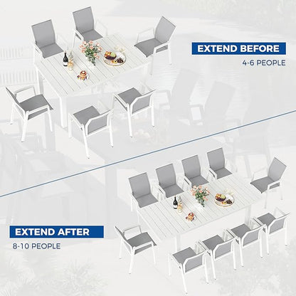 9 Piece Aluminum Outdoor Patio Dining Sets with Fully Assembled Dining Chair，91.3"L×39.4"W Expandable Patio Table and Chairs Set for 8, Stackable Chairs with Quick Drying Fabric, White