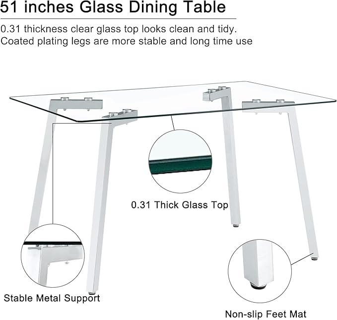 51“ Small Glass Dining Table Set for 4,0.31”Thick Tempered Glass Table Top with 4 Chrome Plate Metal Legs,4 PU Leather Dining Chairs,Modern Kitchen Dinner Room Table Set,for Kitchen Room