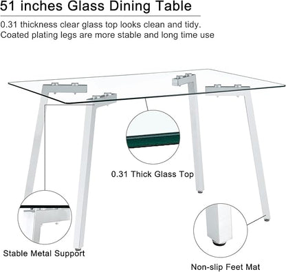 51“ Small Glass Dining Table Set for 4,0.31”Thick Tempered Glass Table Top with 4 Chrome Plate Metal Legs,4 PU Leather Dining Chairs,Modern Kitchen Dinner Room Table Set,for Kitchen Room