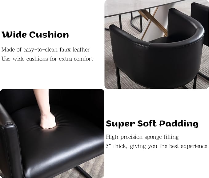 Faux Leather Dining Chair Modern Barrel Arm Chairs with Black Metal Frame, Upholstered Kitchen Chairs 18.5" Wide Accent Chair for Living Room Dining Room Restaurant, Black