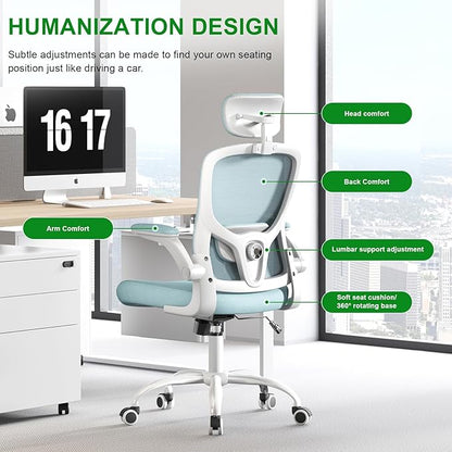 Office Computer Desk Chair - Lumbar Support and Headrest, Ergonomic Mesh Back Swivel Task Chair,Flip-Up Arms for Desk Work, 90-120° Tilt Rolling Chair for Home Office(White-Blue6076)