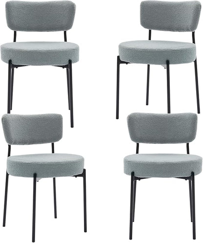 Grey Boucle Dining Chairs Set of 4, Upholstered Dinner Chair with Metal Frame, Dining Room Chairs with Padded Seat, Round Modern Seating for Living Room