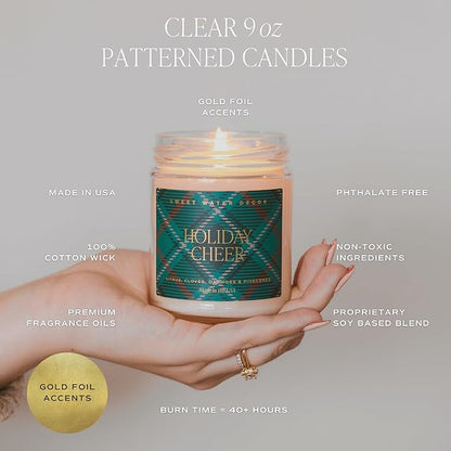 Sweet Water Decor Gingerbread and Spice Candle - Orange, Lemon, and Gingerbread Soy Christmas Candles - Gold Foil Pattern 9oz Clear Jar, 40 Hour Burn Time, Made in The USA