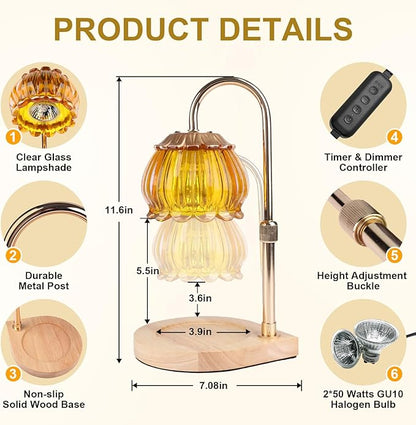 Candle Warmer Lamp with Timer, Adjustable Height Dimmable Candle Warmer Light, Gift for Women Glass Shade Electric Jar Candle Warming Lantern,Home Decor Cozy House Warming Gifts,Orange