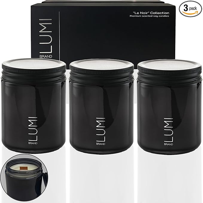 Set of 3 Premium Scented Soy Candles Gift Set | Le Noir Collection - Men’s Cologne, Red Teakwood, Bergamot & Oud | Crackling Wood Wick | Luxury Candles for Relaxation, Home Décor & Gifts | 9.8oz Each