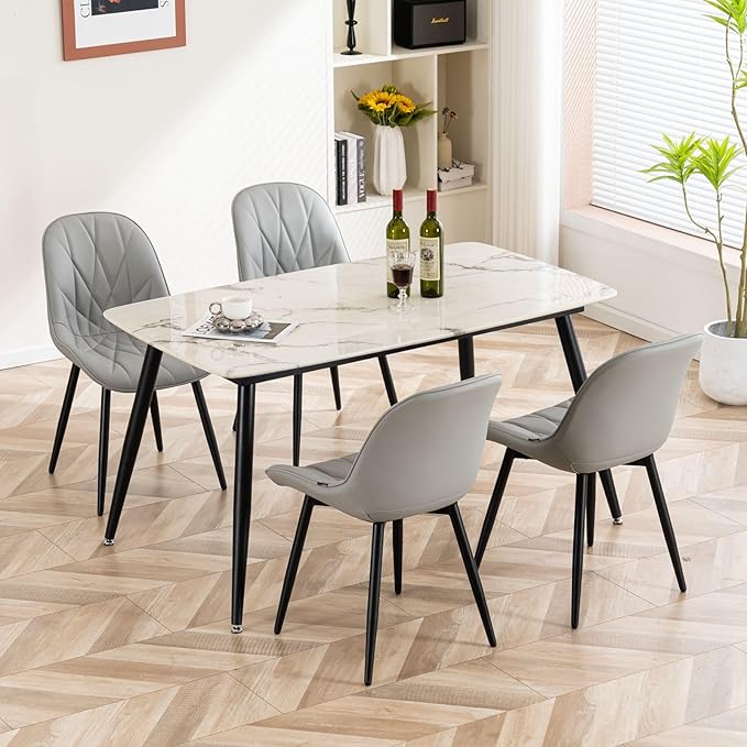 Rowill Dining Chairs Set of 2 - Modern Kitchen Chairs with Soft Backrest, Sturdy Metal Legs & Non-Slip Pads, Suitable for Home Kitchen, Faux Leather Upholstered Seats for Dining Room, Grey