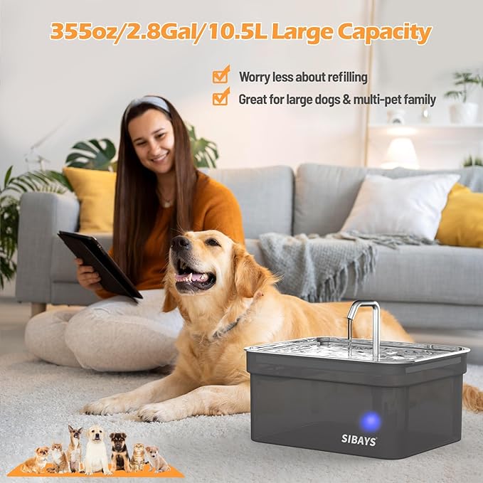 SIBAYS Dog Water Fountain for Large Dogs, 355oz/2.8Gal/10.5L Automatic Dog and Cat Water Fountain, Large Pet Fountain with Stainless Steel Bowl, Dog Water Bowl Dispenser Easy to Clean, BPA-Free FS70