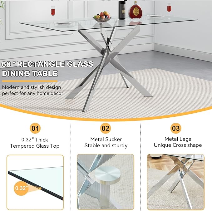 Modern Glass Dining Table Set for 6, Silver Glass Kitchen Table and Chairs Set of 6, 7 Piece Dining Room Table Set with 61" Rectangular Metal Glass Dinner Table and 6 Grey Leather Dining Chairs