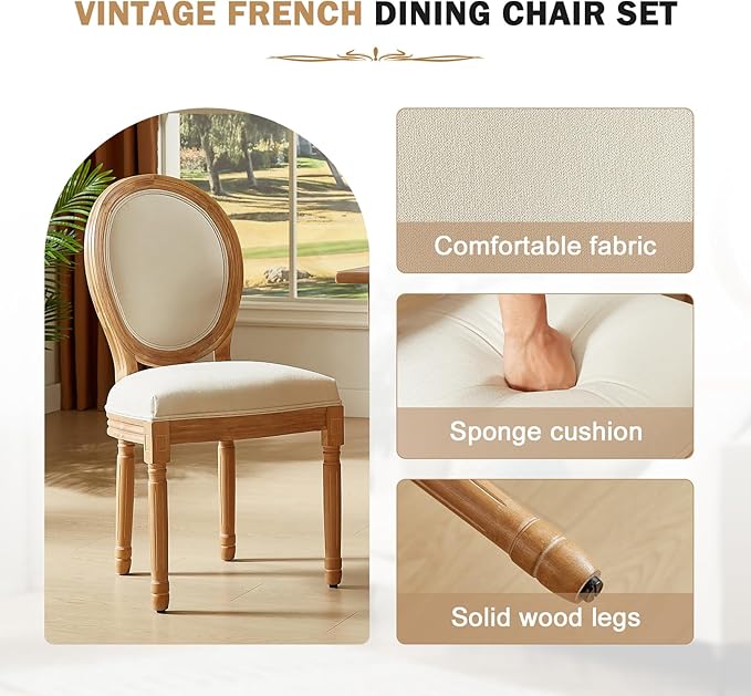 Nrizc French Country Dining Chairs Set of 4, Farmhouse Fabric Chairs with Round Back, Solid Wood Legs, Oval Side Chairs for Kitchen/Bedroom/Dining Room