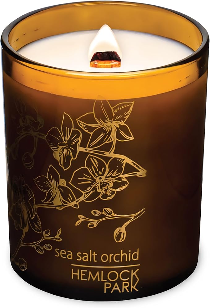 Hemlock Park Amber Gold Leaf Glass Wood Wick Candle Handcrafted with Natural Coconut Wax (Standard 7.2 oz, Sea Salt Orchid)