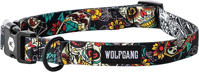 Wolfgang Heavy Duty, Adjustable Dog Collar with Quick Release Nylon Buckle for Walking & Training, LosMuertos Print, Small