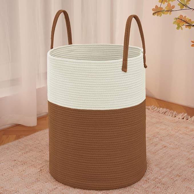 Large Woven Laundry Basket Hamper,100L Cotton Rope Storage Bin for Blankets,Toys and Clothes,Decorative Tall Nursery Hamper for Living Room,Baby Nursery,Bathroom and Bedroom,White and Brown