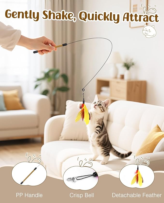 Pawaboo Feather Teaser Cat Toy, Interactive Feather Wand Cats Toy Flying Feathers Cat Catcher with Extra Long 34.5" Wand and Small Bell, Exerciser Playing Toys for Kitten or Cats, Yellow + Red Brown