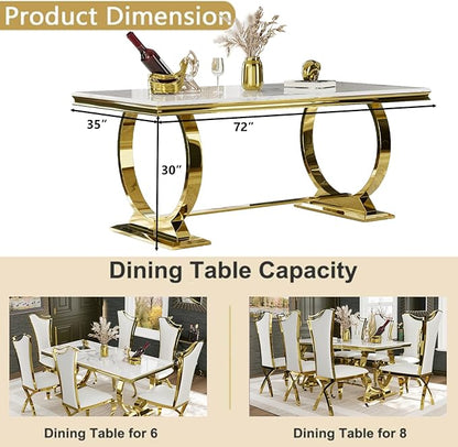 Asday White and Gold Dining Table, 72 inch Dining Room Table with Polished Stainless Steel U-Base for 4-8