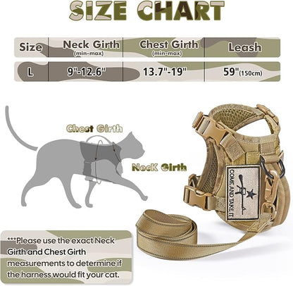 Tactical Cat Harness and Leash, Escape Proof Large Cat Walking Vest,Adjustable Soft Mesh Pet Vest Harness with Control Handle, Molle Patches Khaki