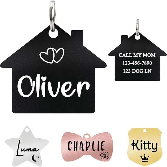 Ultra Joys Cat ID Tag Personalized Pet Tags, Durable Stainless Steel Small Pet Mini Dog Cat Tag Lightweight - House Tag in Black