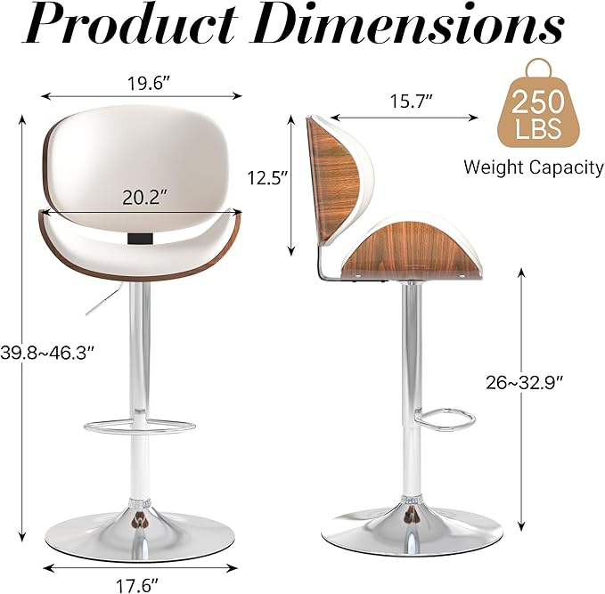 Adjustable Swivel Bar Stools Set of 3, Modern Bentwood Barstool with Large Metal Base and Footrest, PU Leather Upholstered Bar Chair with Curved Back for Kitchen Island Dining Room, White