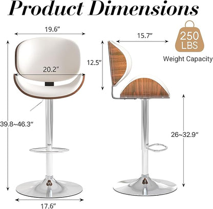 Adjustable Swivel Bar Stools Set of 4, Modern Bentwood Barstool with Large Metal Base and Footrest, PU Leather Upholstered Bar Chair with Curved Back for Kitchen Island Dining Room, White