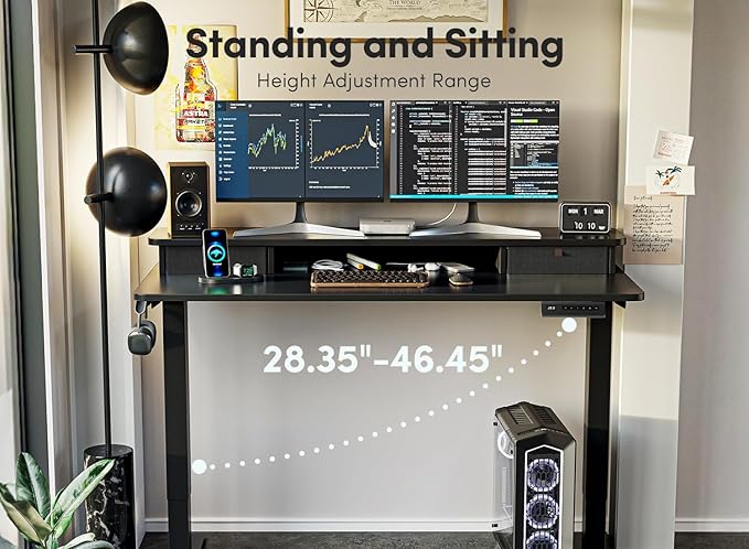 FEZIBO 63 x 28 Inch Deeper Height Adjustable Electric Standing Desk with Double Drawers, Sit Stand Up, Home Office Computer Desk with 4 Height-Adjustable Feets & 2 Hooks, Black Frame/Black Top
