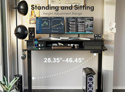 FEZIBO 63 x 28 Inch Deeper Height Adjustable Electric Standing Desk with Double Drawers, Sit Stand Up, Home Office Computer Desk with 4 Height-Adjustable Feets & 2 Hooks, Black Frame/Black Top